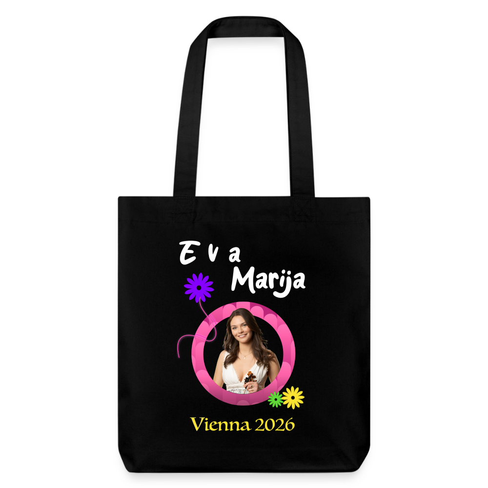 A black heavyweight recycled tote bag  with a photo of singer Eva Marija on it