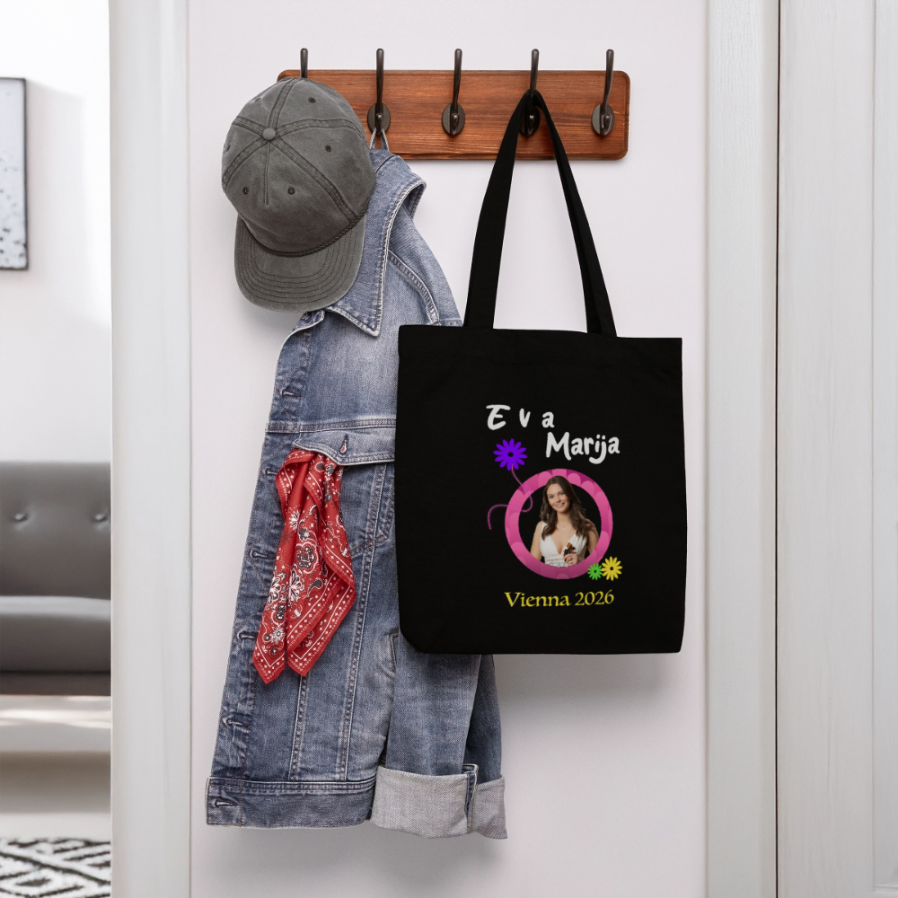Eva Marija - Heavyweight Recycled Tote Bag - black hanging on a coat hook