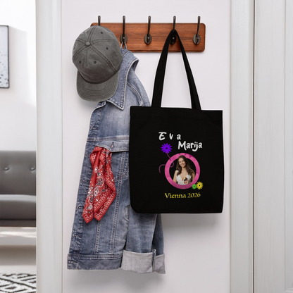 Eva Marija - Heavyweight Recycled Tote Bag - black hanging on a coat hook
