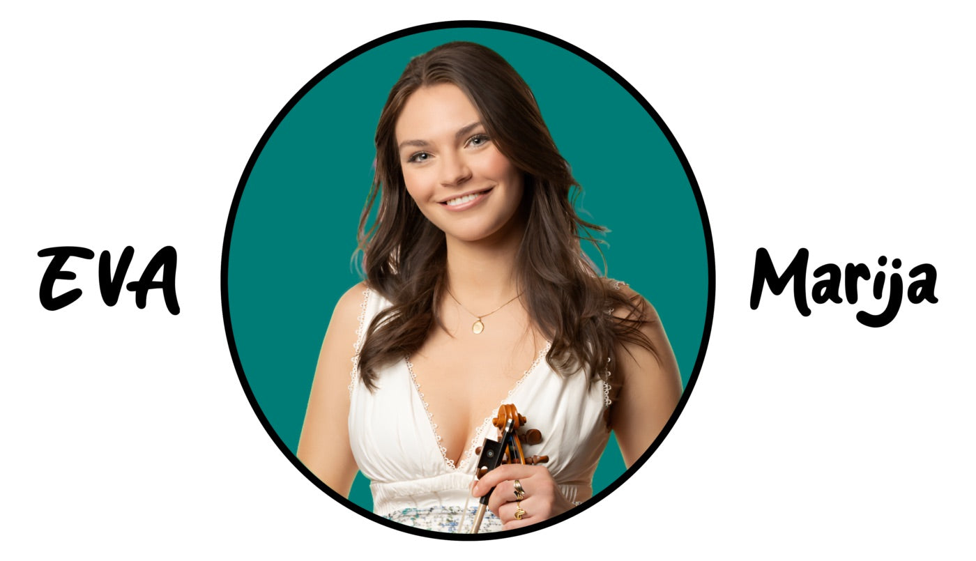Circular profile picture of a singer with 'Eva' and 'Marija' text on a teal background holding a violin
